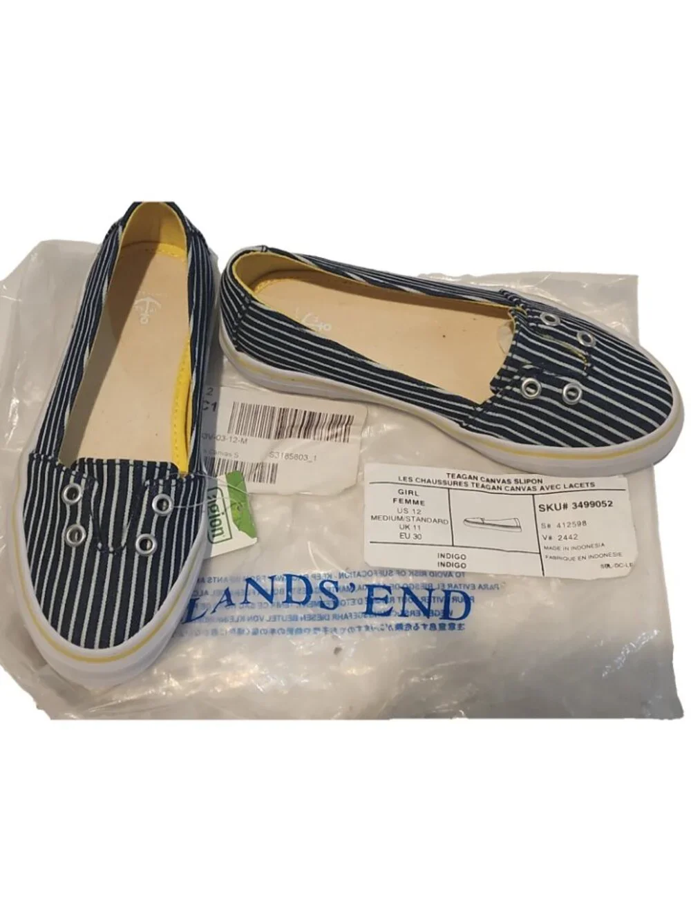 LANDS END Girls size 12 Canvas Slip On Shoes navy blue white stripe new w Agion